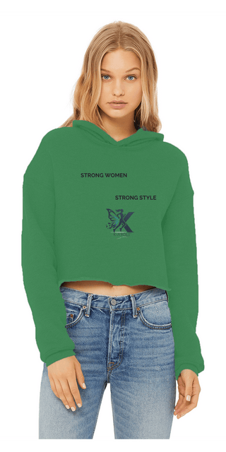 Stylish green cropped hoodie with "Strong Women, Strong Style" text and graphic design for the modern woman