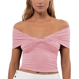 Stylish pink off-shoulder cropped top with pleated detailing and tight, body-hugging fit.