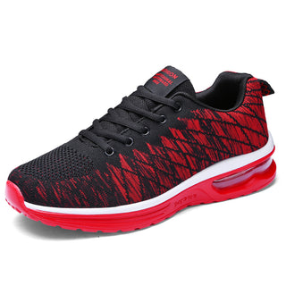 Stylish men's fashion sneakers with a knitted upper in a striking black and red color scheme. The shoes feature a cushioned air sole for added comfort and support, and have a sporty, modern design suitable for casual or athletic wear. The sneakers are displayed against a plain white background, allowing the bold, eye-catching color palette and sleek silhouette to take center stage.