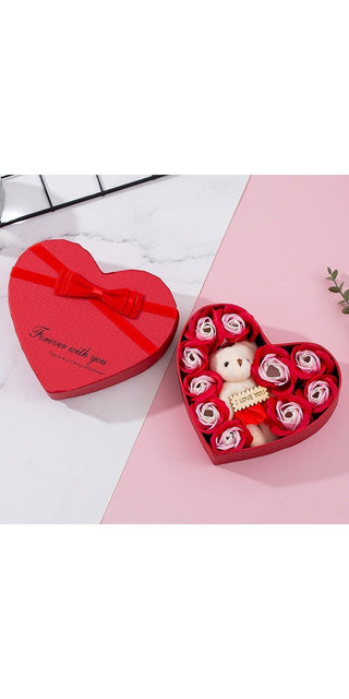Elegant heart-shaped gift box with red rose-shaped chocolates, perfect for Valentine's Day, Christmas, or any special occasion.