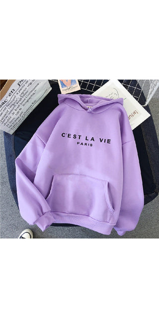 Lavender Hoodie with "C'EST LA VIE PARIS" Text Printed