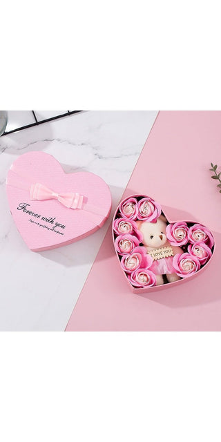 Elegant heart-shaped gift box with pink roses, plush toy, and romantic inscription - perfect for Valentine's Day, Christmas, or Mother's Day celebrations.