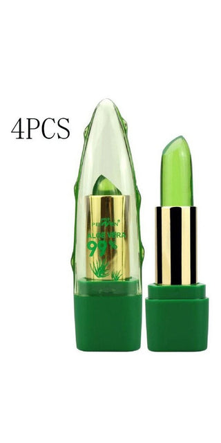 Color-changing aloe vera moisturizing lipstick set of 4 featuring green packaging and a unique floral design.