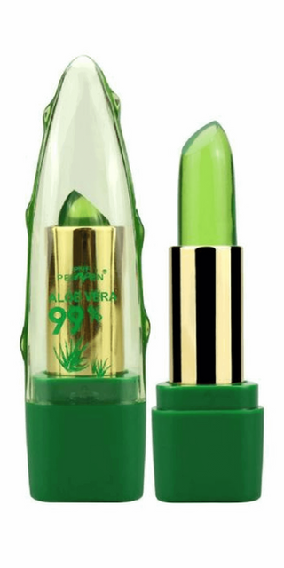 Aloe vera-infused color changing lipstick and moisturizing lip balm in vibrant green packaging