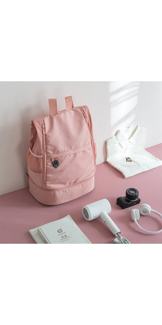 Stylish pink backpack with innovative organization design for sports and travel