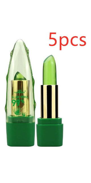 Moisturizing aloe vera changing color lipstick gloss in green packaging, set of 5 pieces