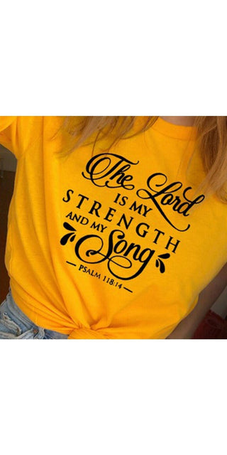 Stylish yellow t-shirt with retro-inspired typography and faith-based slogan "The Lord is my strength and my song".