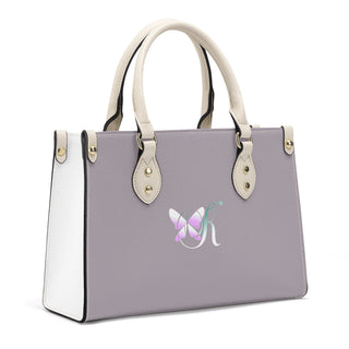 Elegant Women's Luxury PU Leather Handbag with Teal Butterfly Logo on Light Gray Body and White Handles, Featuring a Stylish and Contemporary Design.