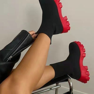 Botas tipo calcetín para mujer Zapatos de tacón grueso con plataforma