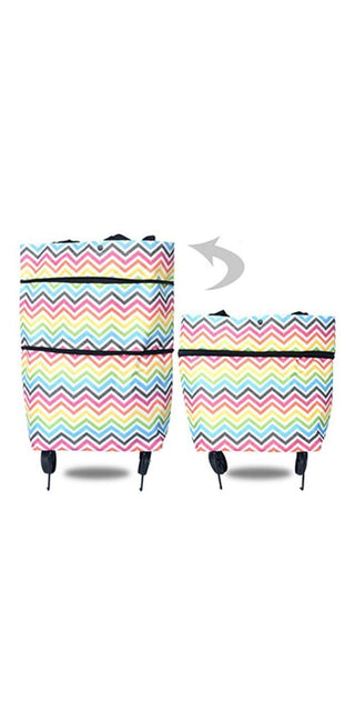 Colorful chevron patterned foldable shopping cart and matching tote bag. Durable Oxford fabric construction with wheels for easy mobility. Versatile, high-capacity design to organize all your shopping needs.
