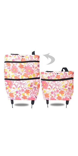 Floral patterned foldable shopping cart with wheels and high capacity. Premium oxford fabric multifunction shopping bag organizer.