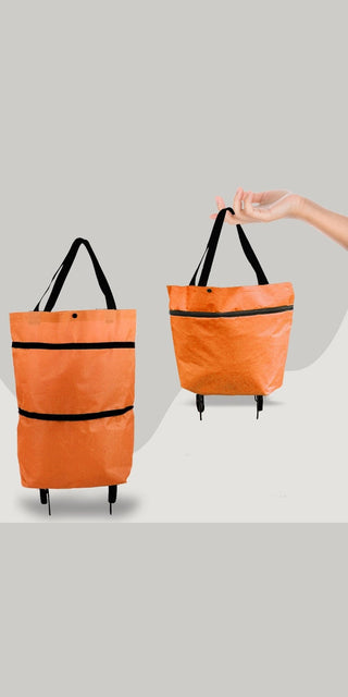 Foldable shopping cart with wheels, premium Oxford fabric, multifunction bag organizer, high capacity in bright orange color.