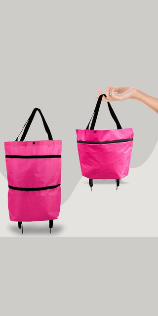 Foldable shopping cart with wheels, premium oxford fabric, multifunction shopping bag organizer, high capacity, bright pink design.