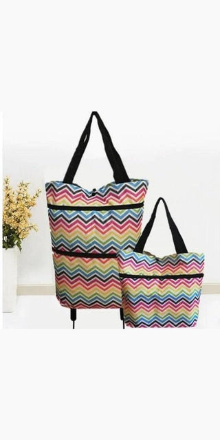 Foldable shopping cart with multicolor chevron pattern, durable oxford fabric, and spacious capacity for convenient shopping trips.