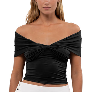 Sleek black off-the-shoulder crop top with a twisted front detail, showcasing the model's toned shoulders and midriff.