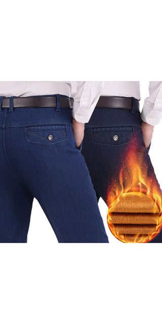 Navy blue velvet jean pants with flames design, featuring a comfortable lining for warmth.