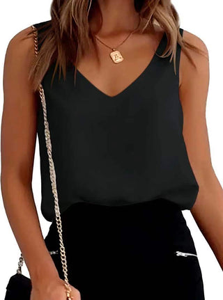 Sleek black camisole tank top with v-neck and minimalist gold pendant necklace.