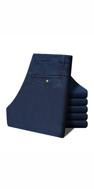 Stylish navy blue velvet jeans from K-AROLE, a trendy women's fashion store offering comfortable and fashionable athleisure outfits.