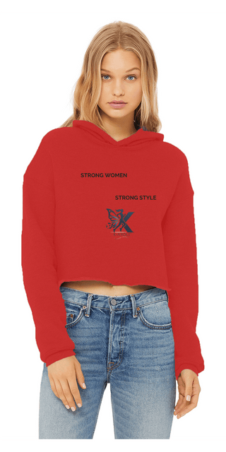 Striking women's spring style. Red cropped hoodie with text print. Fashionable blond woman posing in casual outfit.