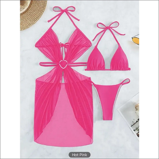 3pcs Halter Neck Bikini Beach Summer Solid Color Split Swimsuit Womens Clothing - K - AROLE