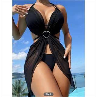 3pcs Halter Neck Bikini Beach Summer Solid Color Split Swimsuit Womens Clothing - K - AROLE