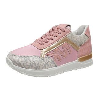 Stylish thick-soled women's sneakers in a pink and gray color scheme with a lace-up front and a low-profile sporty design. The sneakers feature a breathable, rounded toe and a textured, patterned upper for a modern, fashionable look.