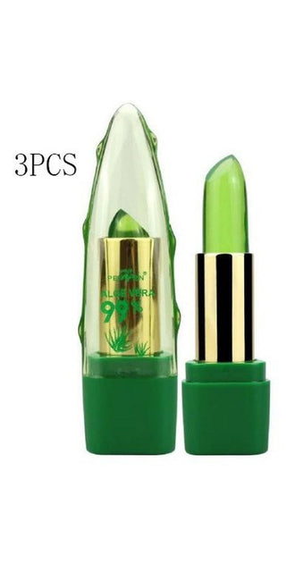 Aloe vera gel color changing moisturizing lipstick set in sleek green packaging.