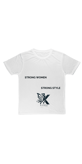 Three strong and stylish women featured on a white t-shirt with text "STRONG WOMEN STRONG STYLE"