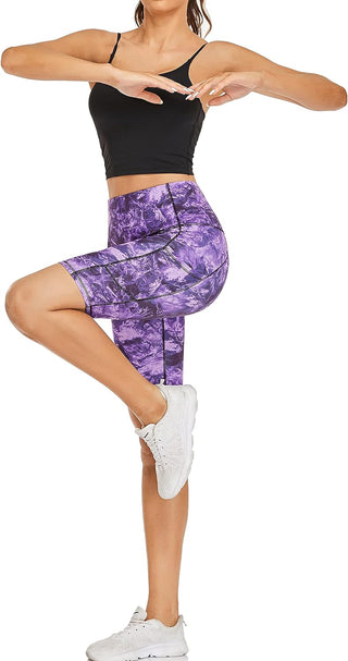 Oalka Women'S Short Yoga Side Pockets High Waist Workout Running Shorts Marble Dye Purple S