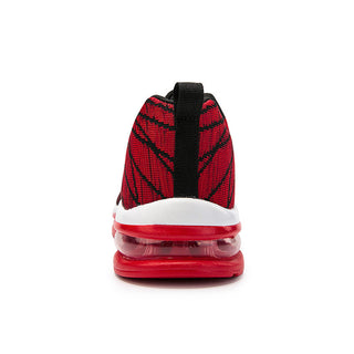 Vibrant red and black woven athletic sneakers with air cushion soles for trendy comfort and support.