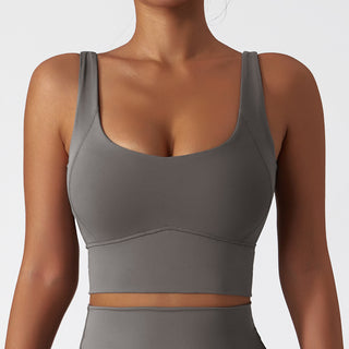 Comfortable gray sports bra with supportive design for active lifestyles.