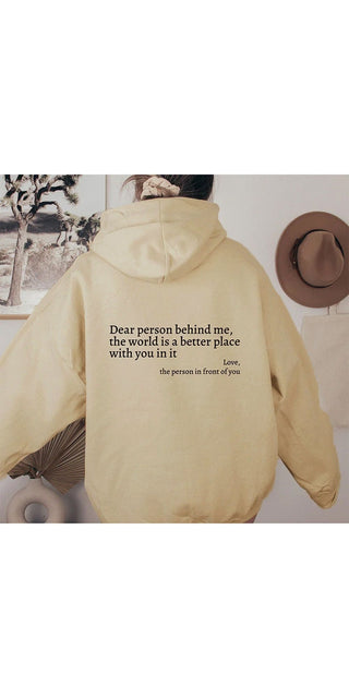 Cozy printed hoodie with inspirational message on the back, perfect for casual style and spreading positivity.
