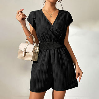 Solid Color Jacquard Striped Blouse Cross Collar Jumpsuit