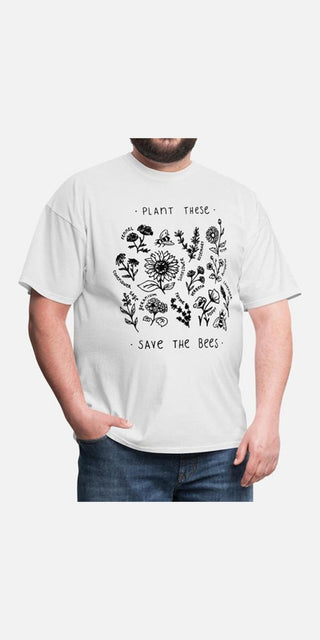 Casual white t-shirt with plant and bee graphic design, encouraging environmental conservation.