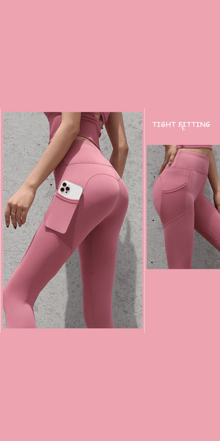 Seamless pink leggings with pockets, tight-fitting design for active lifestyle, showcased against gray background.