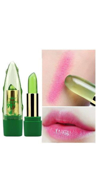 Vibrant green and pink color-changing moisturizing lipstick with Aloe Vera for soft, supple lips.