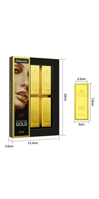 Sleek gold-tone lipstick kit displayed in a black packaging with a woman's eye visible, showcasing the latest makeup trends.