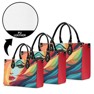 Vibrant, eye-catching handbags with a bold, abstract print design and sleek PU leather construction, showcased in a variety of sizes and colors.