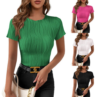 Chic and stylish solid color round neck slim fit short sleeve t-shirt tops in vibrant green, pink, white, and black. The tops feature a pleated texture pattern and form-fitting silhouette, perfect for elevating any casual outfit.
