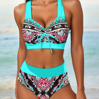 Stylish patterned bikini with contrasting colors and flattering fit showcased against a tranquil beach background.