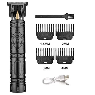 Sleek black electric hair clipper with interchangeable guide combs for precision hair cutting. Vintage-inspired design with textured grip. Includes USB charging cable and multiple cutting guides for versatile trimming and grooming.