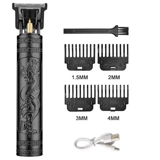 Vintage electric hair clipper with dragon motif design, including multiple adjustable guards for precise hair trimming from 1.5mm to 4mm. Rechargeable cordless design for convenient home hair cutting.