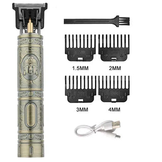 Elegant vintage-style electric hair clipper with multiple attachment combs for different hair lengths. Rechargeable cordless design for convenient home grooming. Accessory set includes cleaning brush and USB charging cable.