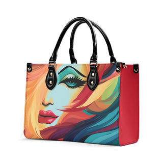 Vibrant abstract face design on a colorful handbag from the K-AROLE fashion brand, showcasing a stylish and eye-catching accessory.