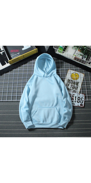 Loose hooded light blue sports sweatshirt with stylish printed graphic design, perfect for casual athleisure wear.
