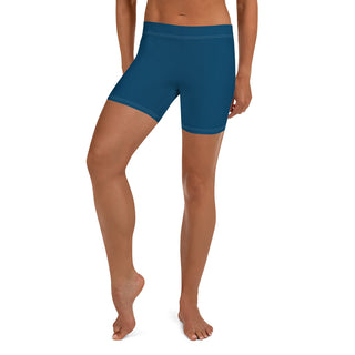 Navy blue women's athletic shorts on display against a white background.