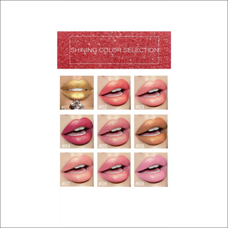 Shiny metallic lipstick color palette with various pearlescent, temperature-changing and gilt lipstick shades showcased on close-up images of lips against a red glitter background.