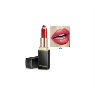 Vibrant red metallic lipstick with pearlescent color-changing formula, showcased on model's luscious lips.