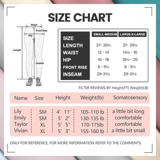 Detailed size chart for women's leggings, showing measurements for small-medium and large-x-large sizes. The chart includes length, waist, hip, front rise, and inseam dimensions. It also provides individual customer height, weight, and fit details for reference. This visual guide helps customers select the appropriate size for their body type when purchasing the K-AROLE™️ 7 Pack Leggings.