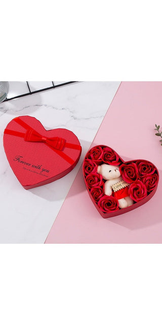 Heart-shaped Red Gift Box with Rose Bouquet and Teddy Bear - Perfect Valentine's Day, Christmas or Birthday Present